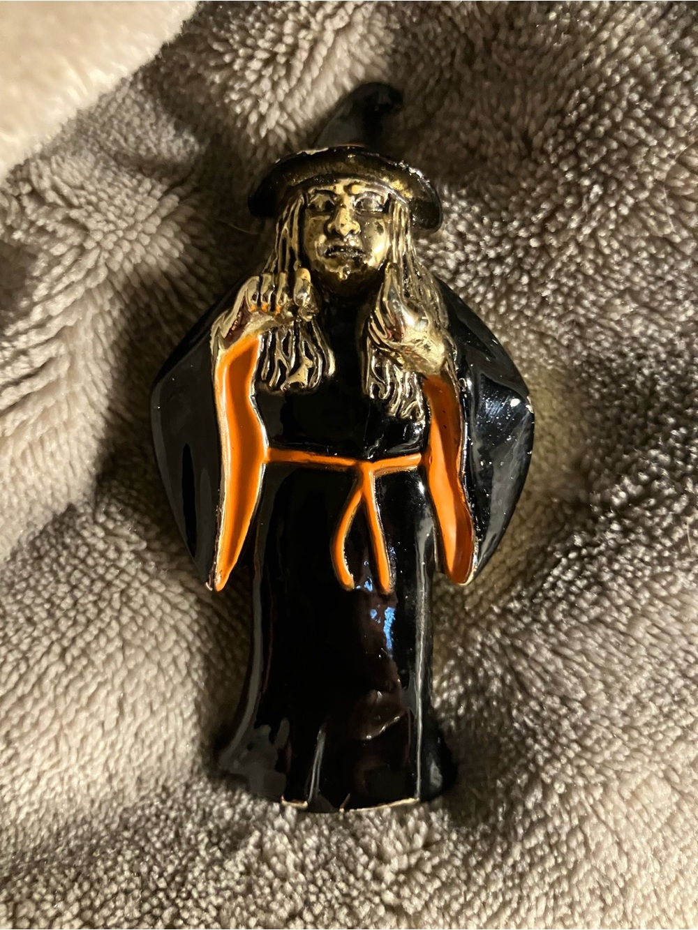 Vintage AJC Halloween Witch Brooch Pin Gold Tone Orange Black Enamel 3" Signed